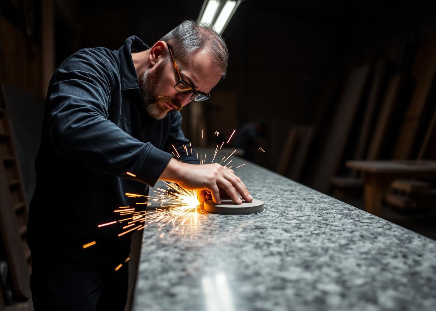 Stone fabricator polishing a granite edge