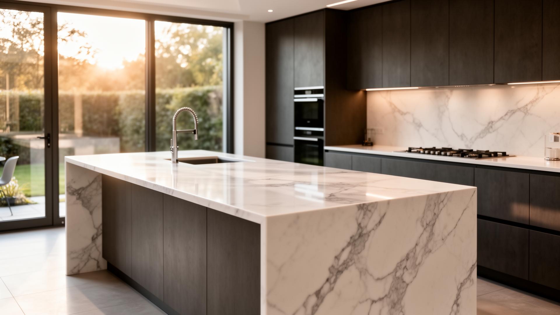 Luxury kitchen with white quartz waterfall island countertop