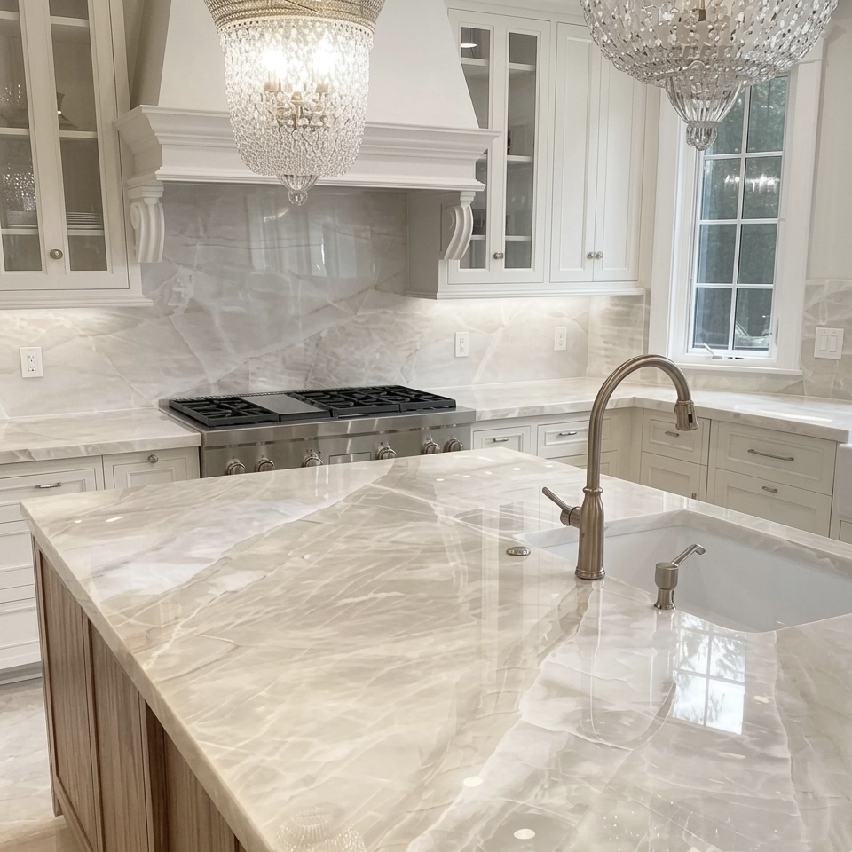 Polished quartzite island in Seattle, WA luxury kitchen